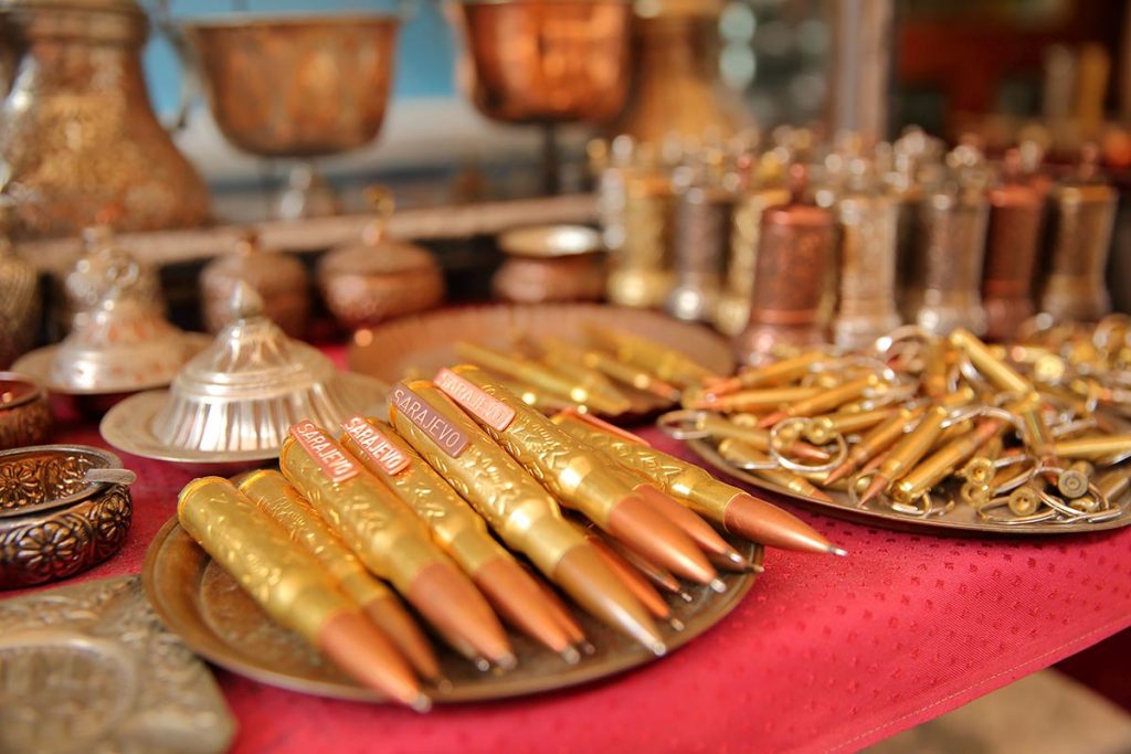 Coppersmith shop in Sarajevo selling pens made of bullets
