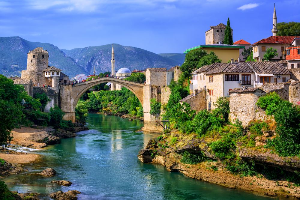 Mostar Old Bridge and Old Town with Neretva River