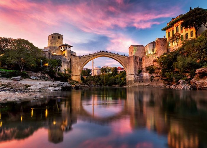 Mostar old bridge during the sunset