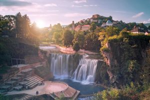 Jajce and Pliva waterfalls in Central Bosnia during the sunset