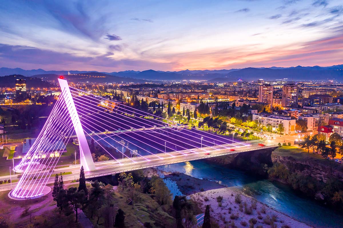 Podgorica, Montenegro, illuminated Millennium bridge