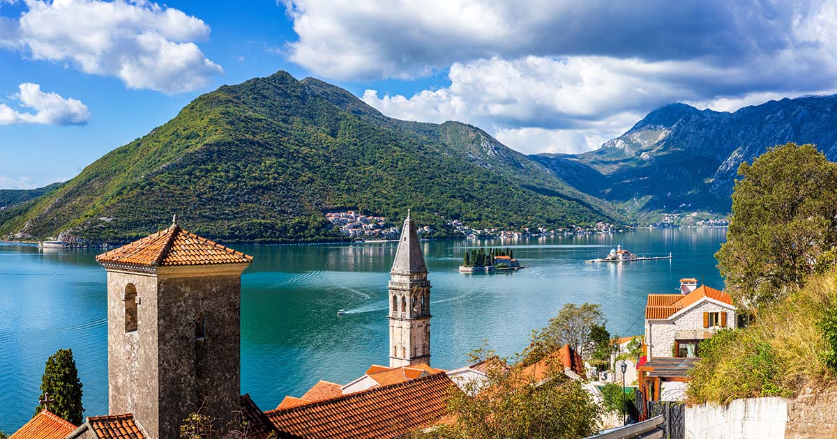 View over the Perast islets of St.George and Our Lady of the Rocks