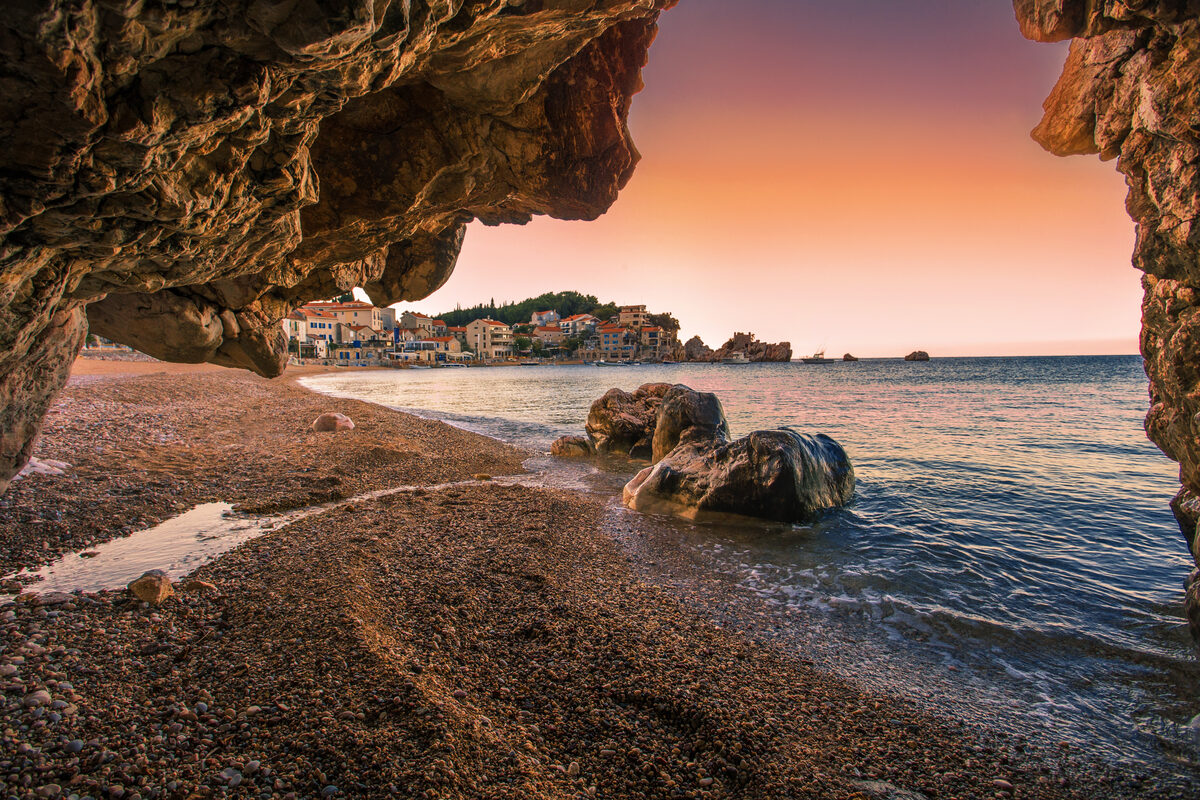 Picturesque summer landscape of pebble Przno beach near Budva and Sveti Stefan - Montenegro