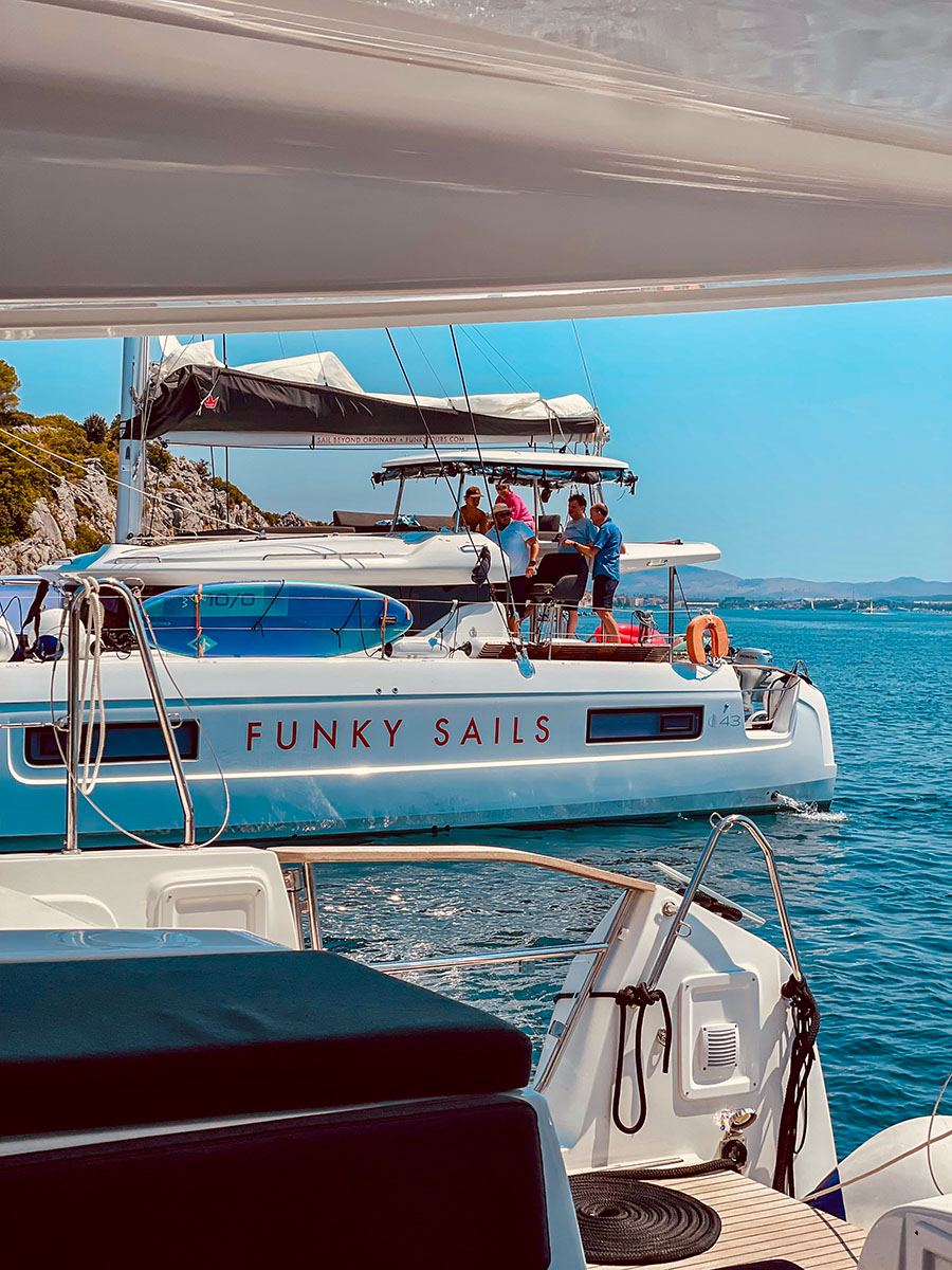 Funky Sails catamaran viewed from another boat