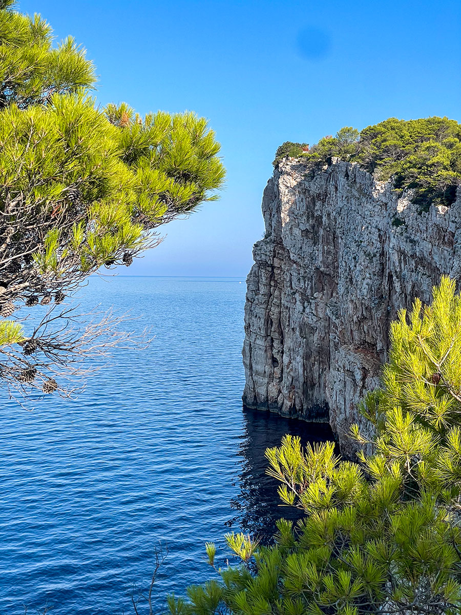 Limestone cliffs and pine trees above the blue sea in Telašćica Nature Park
